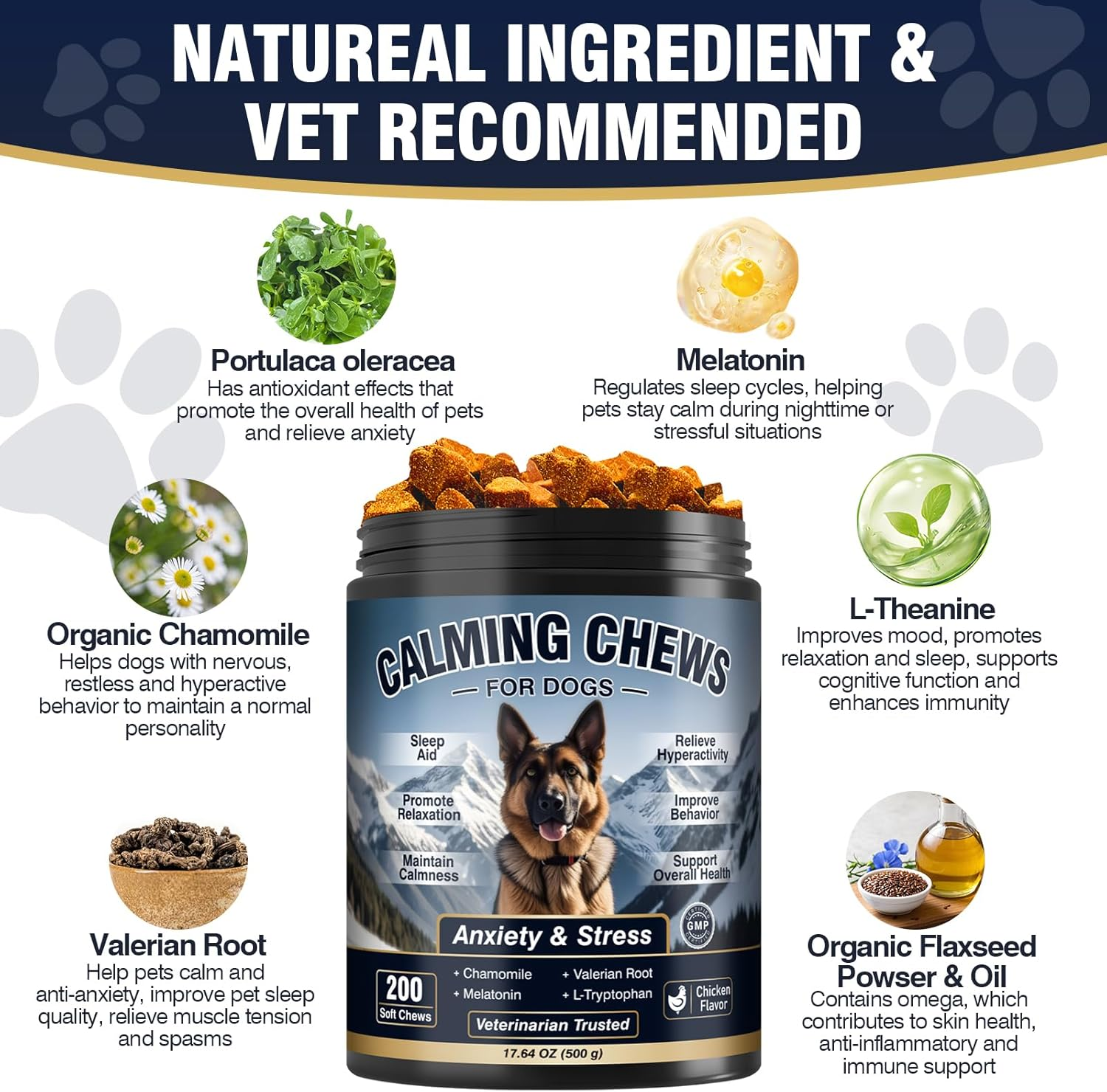 Dog Calming Chews jar with chamomile, melatonin, L-Theanine, valerian root, flaxseed, and purslane ingredient callouts
