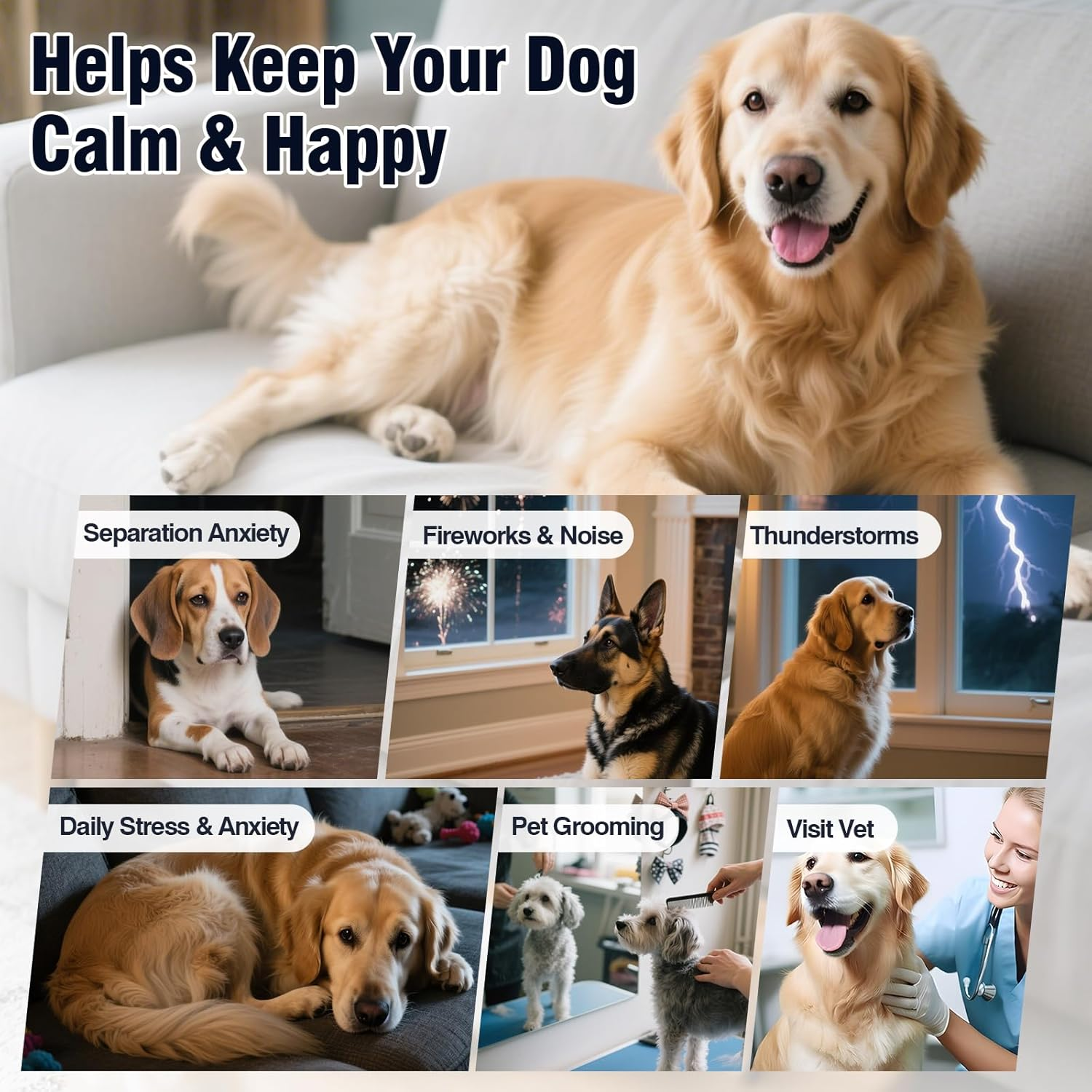 Dogs in common stressful situations including separation anxiety, fireworks, thunderstorms, grooming, and vet visits