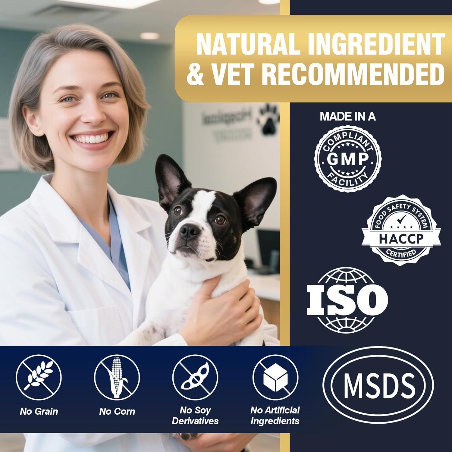 Veterinary quality panel with dog, veterinarian, GMP, HACCP, ISO, no grain, no corn, no soy, and no artificial ingredients badges