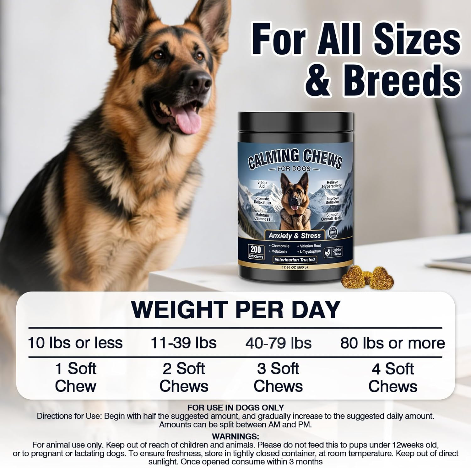 Dog Calming Chews jar with daily serving guide by dog weight for all sizes and breeds
